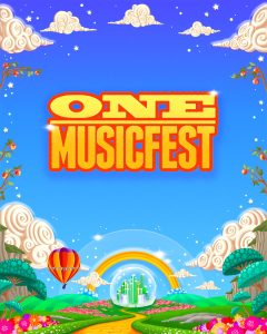 ONE MUSICFEST logo over a whimsical fantasy landscape with a yellow brick road and a city in a glass dome
