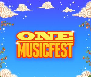 ONE MUSICFEST logo over a whimsical fantasy landscape with a yellow brick road and a city in a glass dome
