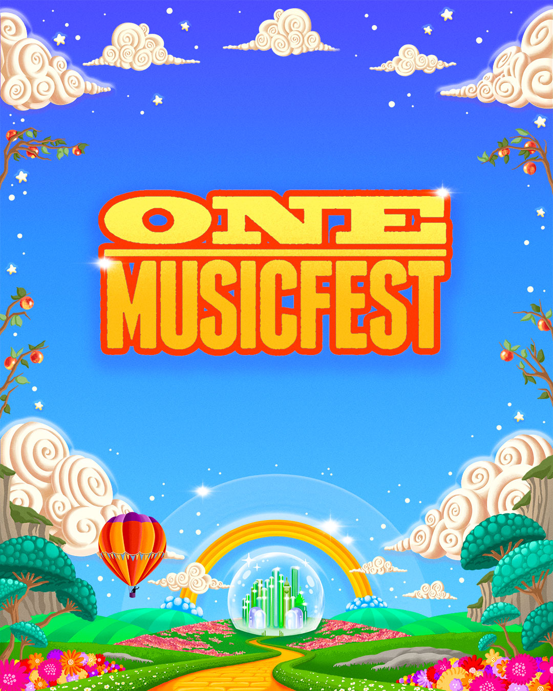 ONE MUSICFEST logo over a whimsical fantasy landscape with a yellow brick road and a city in a glass dome