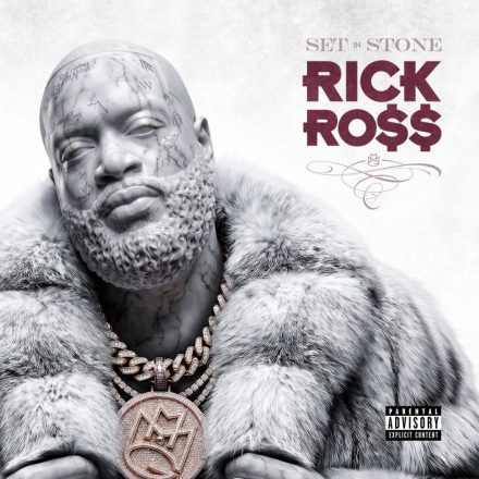 'Set In Stone' by Rick Ross album cover: marble statue of the artist wearing a fur coat and diamond chains
