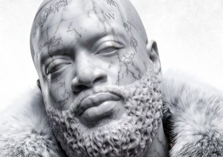 'Set In Stone' by Rick Ross album cover: marble statue of the artist wearing a fur coat and diamond chains