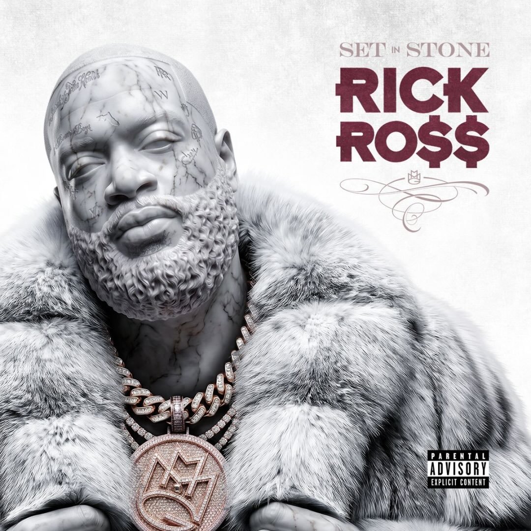 'Set In Stone' by Rick Ross album cover: marble statue of the artist wearing a fur coat and diamond chains