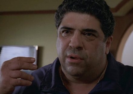 Vincent Pastore as Salvatore "Big Pussy" Bonpensiero in The Sopranos, looking distressed and gesturing