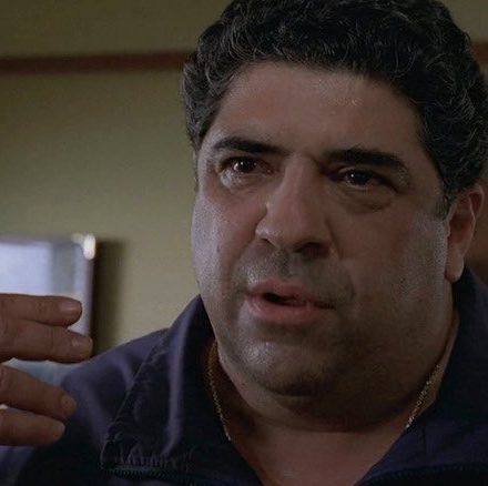 Vincent Pastore as Salvatore "Big Pussy" Bonpensiero in The Sopranos, looking distressed and gesturing