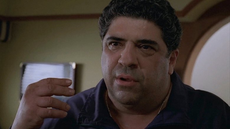 Vincent Pastore as Salvatore "Big Pussy" Bonpensiero in The Sopranos, looking distressed and gesturing