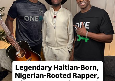 Wyclef Jean with two men (the co-hosts) wearing One54 Africa Podcast shirts