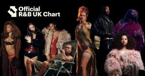 Official R&B UK Chart banner featuring a collage of R&B artists against a black background